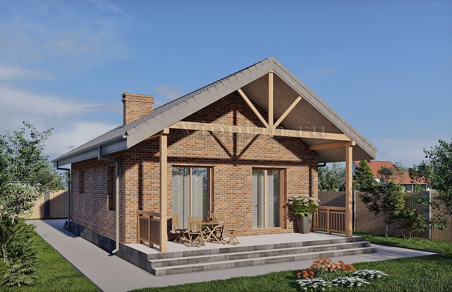 Эскизный проект одноэтажного гостевого дома с террасой и облицовкой кирпичем